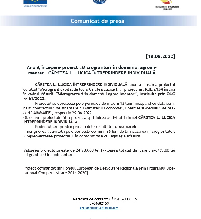 Anunț începere proiect „Microgranturi în domeniul agroali-mentar – CÂRSTEA L. LUCICA ÎNTREPRINDERE INDIVIDUALĂ”