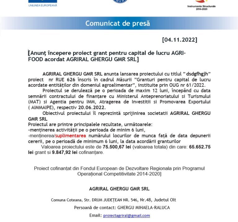 Anunţ începere proiect grant pentru capital de lucru AGRI-FOOD acordat AGRIRAL GHERGU GMR SRL
