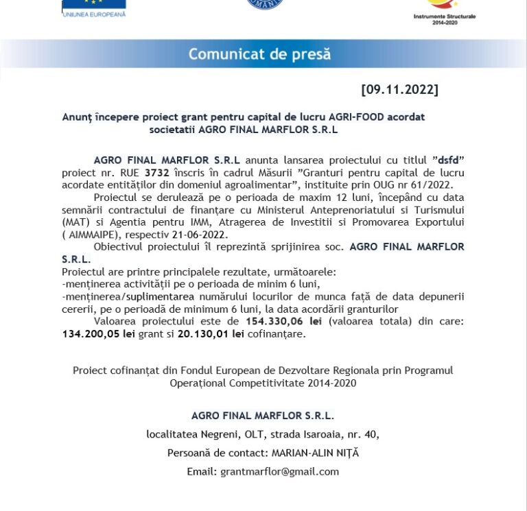 Anunţ începere proiect grant pentru capital de lucru AGRI-FOOD acordat societatii AGRO FINAL MARFLOR S.R.L