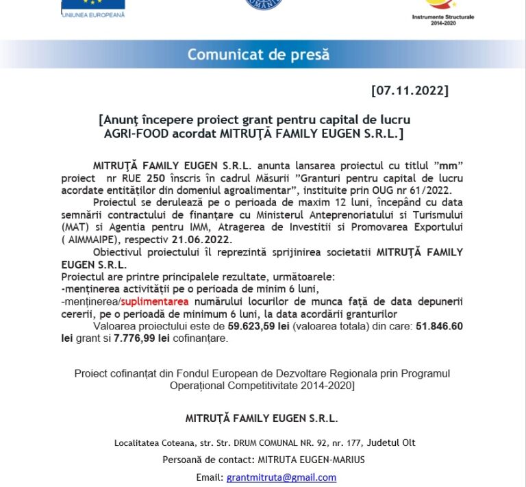 Anunţ începere proiect grant pentru capital de lucru  AGRI-FOOD acordat MITRUŢĂ FAMILY EUGEN S.R.L.