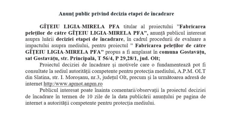 Anunţ public privind decizia etapei de încadrare