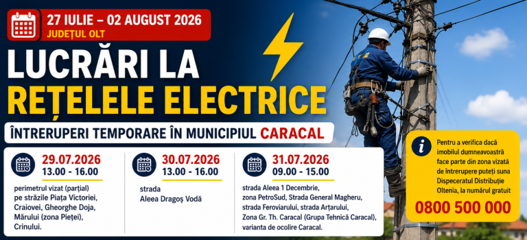 Lucrări la rețeaua electrică în Caracal: mai multe zone din municipiu vor rămâne temporar fără curent