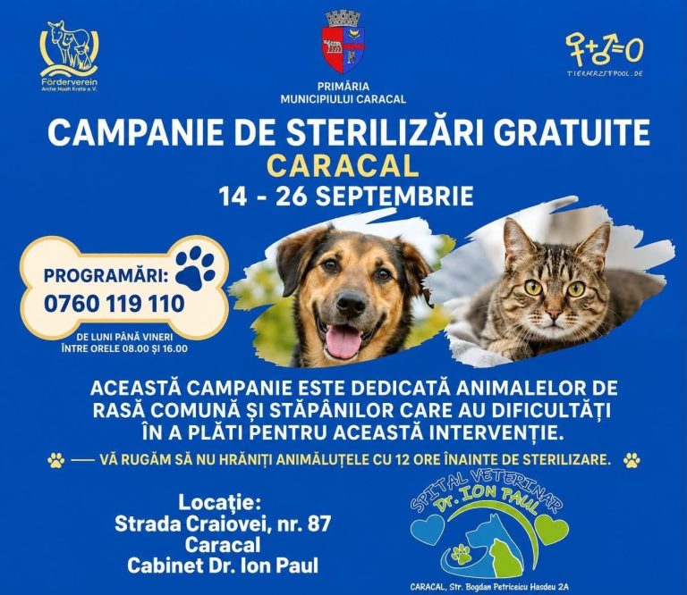 Grijă pentru animale, sprijin pentru proprietari! Sterilizări gratuite în Caracal