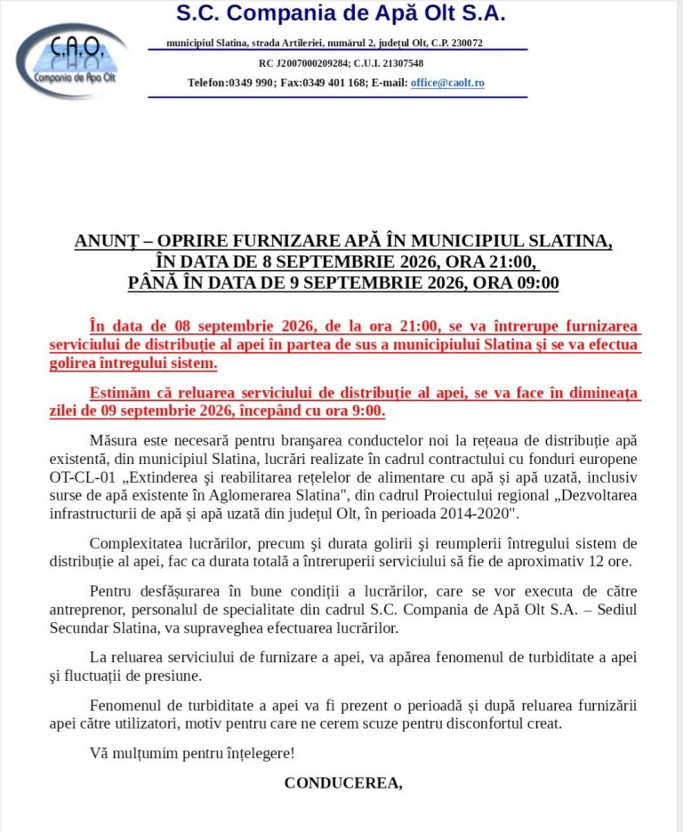 12 ore fără apă în Slatina. Compania de Apă Olt anunță lucrări la rețeaua de distribuție