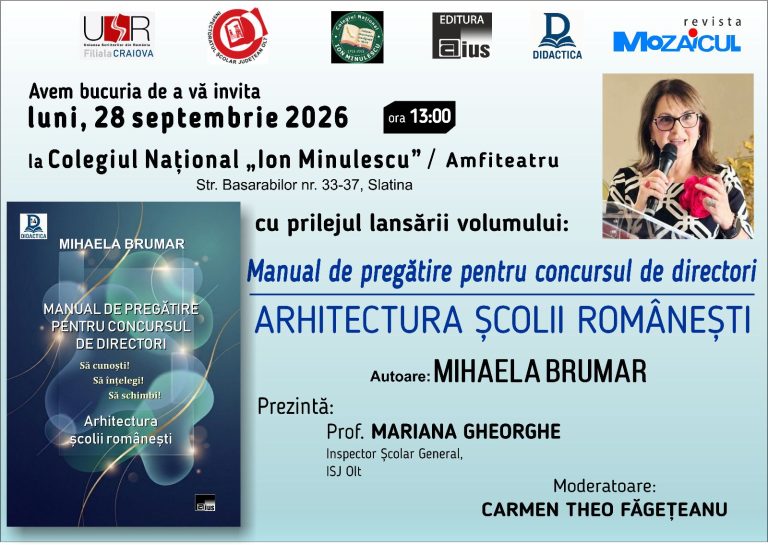 Lansare de carte la Slatina: „Manual de pregătire pentru concursul de directori. Arhitectura școlii românești”