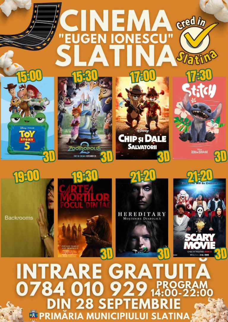 Cinema „Eugen Ionescu” Slatina dă startul unei noi săptămâni de filme. Intrarea este gratuită!