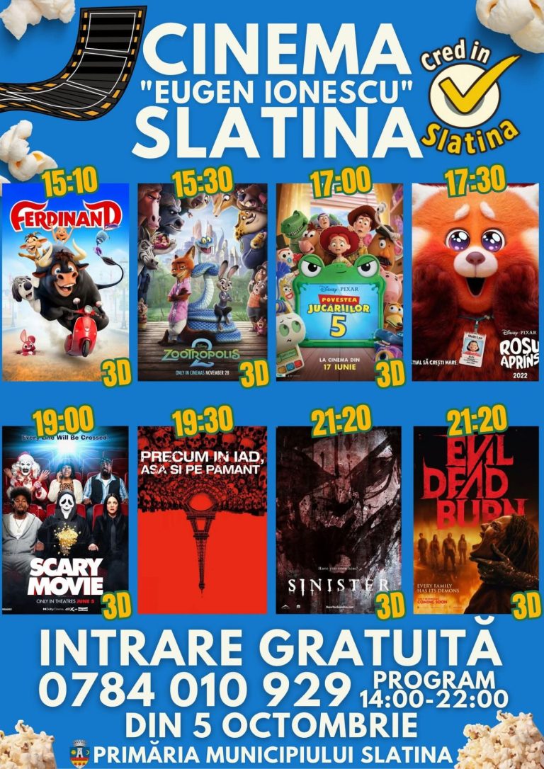 Zi liberă pentru elevi, filme gratuite la Cinema „Eugen Ionescu” Slatina