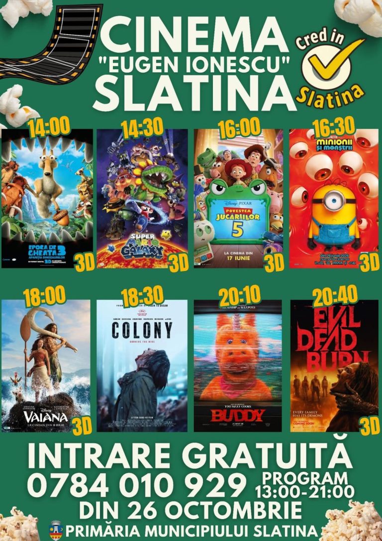 Cinema „Eugen Ionescu” Slatina dă startul unei noi săptămâni de filme! Opt producții pentru toate gusturile, cu INTRARE GRATUITĂ!