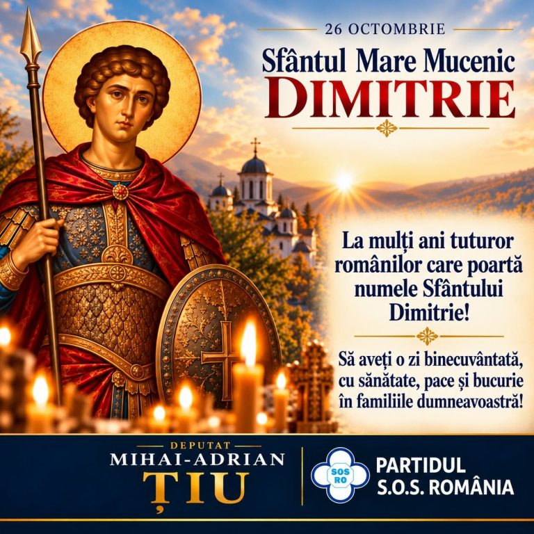 Mihai-Adrian Țiu, mesaj de Sfântul Dumitru: „Transmit tuturor românilor gânduri de sănătate, liniște sufletească, pace și binecuvântare”