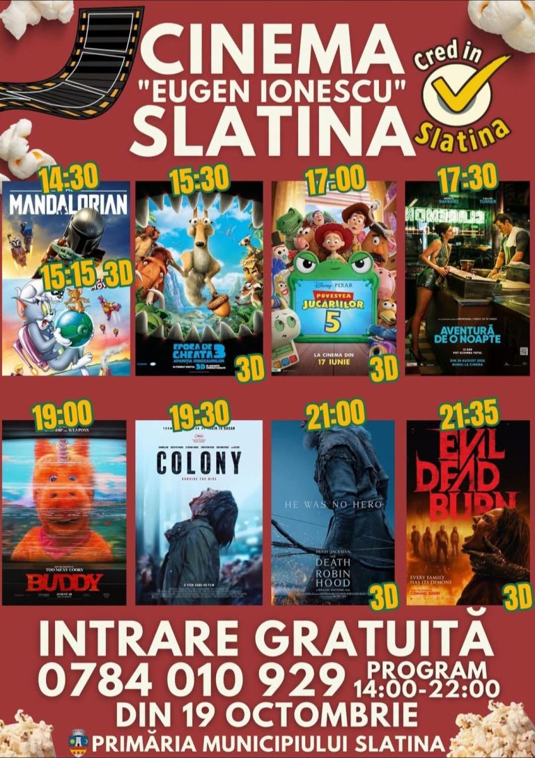 Filme pentru toate gusturile la Cinema „Eugen Ionescu” Slatina. Intrarea este gratuită!