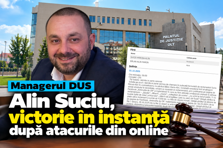Tribunalul Olt trasează limita atacurilor publice. Managerul DUS, Alin Suciu obține o primă hotărâre favorabilă